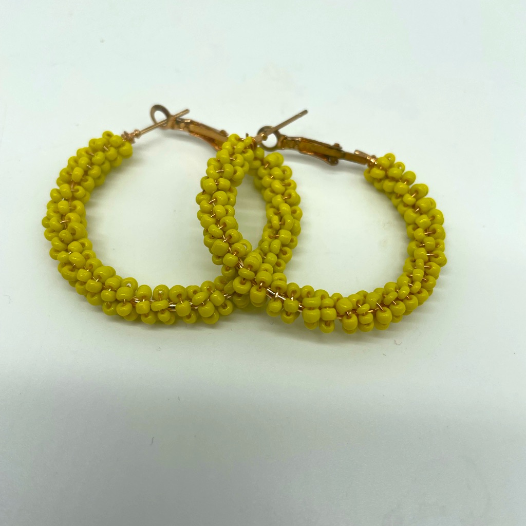 Yellow Beaded Hoop Earrings 6$